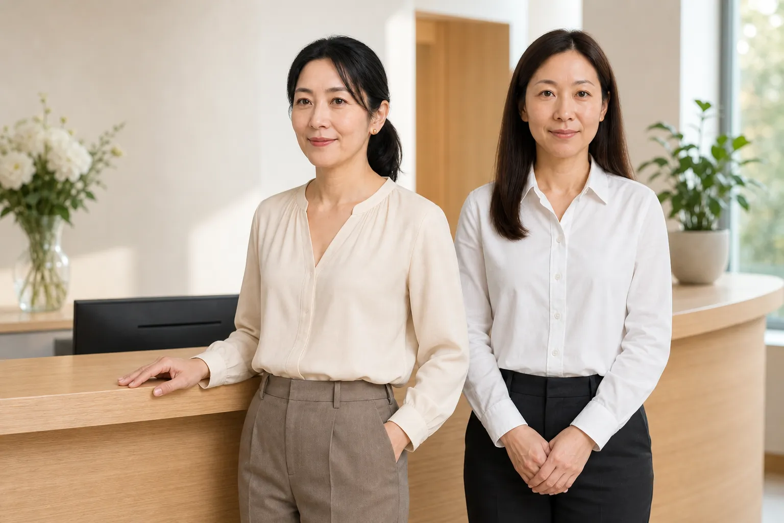 医院で同行者と会う女性。